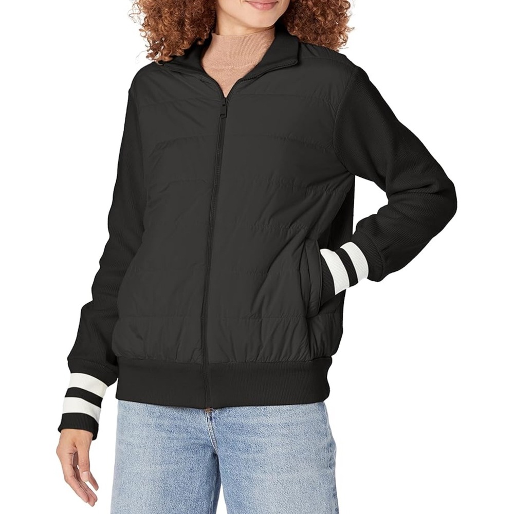 P.J. Salvage Black Quilted‎ Babe Jacket Ribbed Knit Sleeve Varsity Bomber Medium